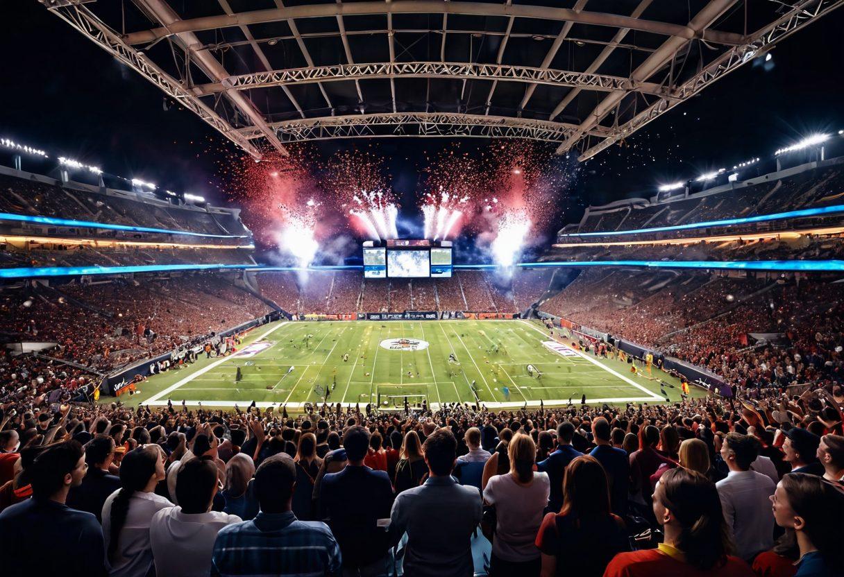 A dynamic scene capturing fans at a lively sports event, showcasing VIP areas with luxury seating, gourmet food, and enthusiastic fans cheering with painted faces. Incorporate elements like a big screen displaying the game, vibrant banners, and confetti in the air to evoke excitement. The atmosphere should feel electric, highlighting the thrill of game day and exclusive experiences. super-realistic. vibrant colors. 3D.