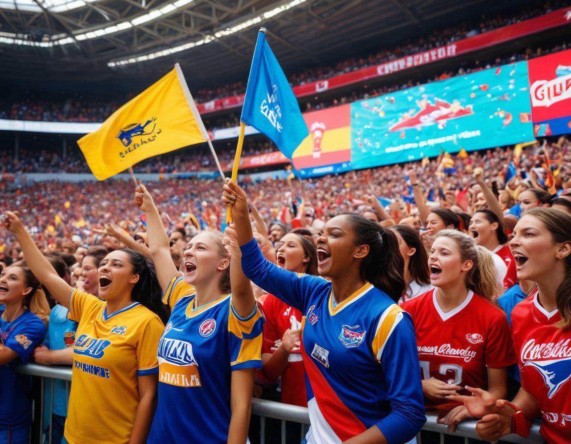 A vibrant depiction of diverse sports fans at a stadium, showcasing a variety of team jerseys and colors, some cheerleading passionately while others are engaged in animated discussions. In the background, a large scoreboard displays an exciting match while colorful flags and banners wave in the crowd. Create an atmosphere of energy and community among fans, blending emotions of joy and rivalry. super-realistic. vibrant colors. high-energy atmosphere.