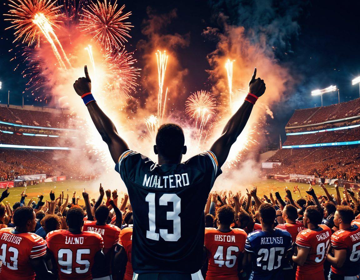 An electrifying scene of passionate fans dressed in vibrant team colors, holding banners and cheering in a packed stadium, with a dynamic athlete in action on the field. The background showcases a burst of confetti and fireworks, capturing the thrilling atmosphere of frontline sports. The image should emanate energy and emotion, emphasizing the bond between fans and their teams. super-realistic. vibrant colors. evening light.